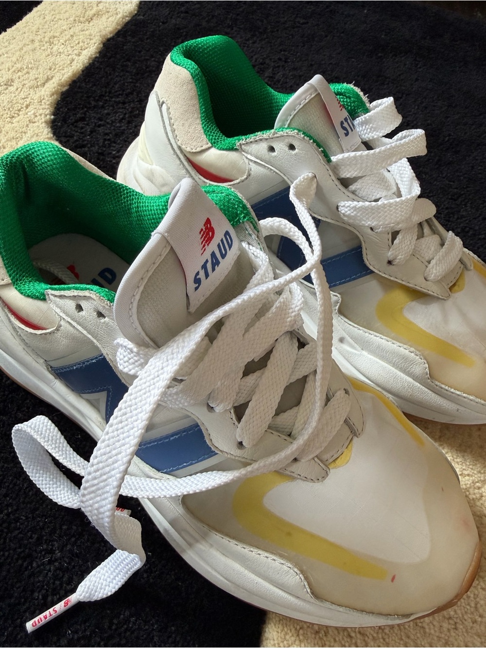 New Balance Staud White Sneakers with Blue, Green & Yellow Accents